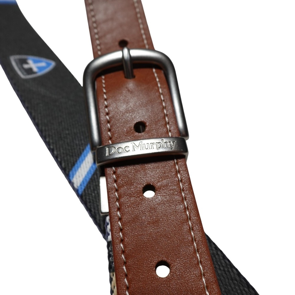 Doc Murphy Belt Mens 44 Multicolor Leather Webbed Reversible Striped Crest Logo
